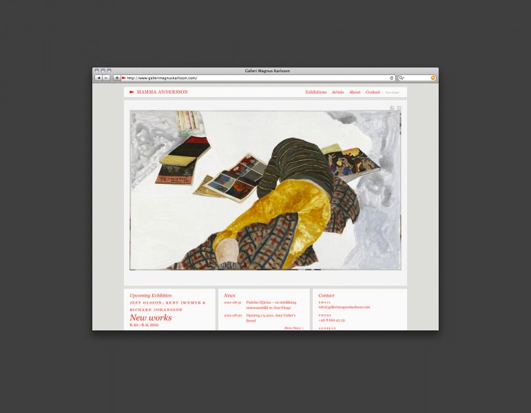 Galleri Magnus Karlsson is one of Sweden's most prestigious galleries, with artists like Jockum Nordström, Amy Cutler and Mamma Andersson. After giving the gallery a new visual identity, I was asked to create a new website.The main focus while working on this website wa... by Johan Hemgren